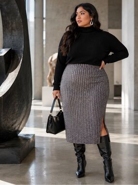 Torrid Silver Metallic Ribbed Knit Midi Pencil Skirt Plus Size 1 Side Slit